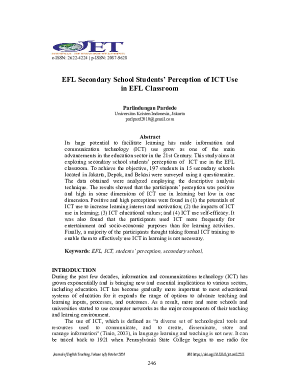 (PDF) Secondary School Students’ Perception of ICT Use in EFL Classroom