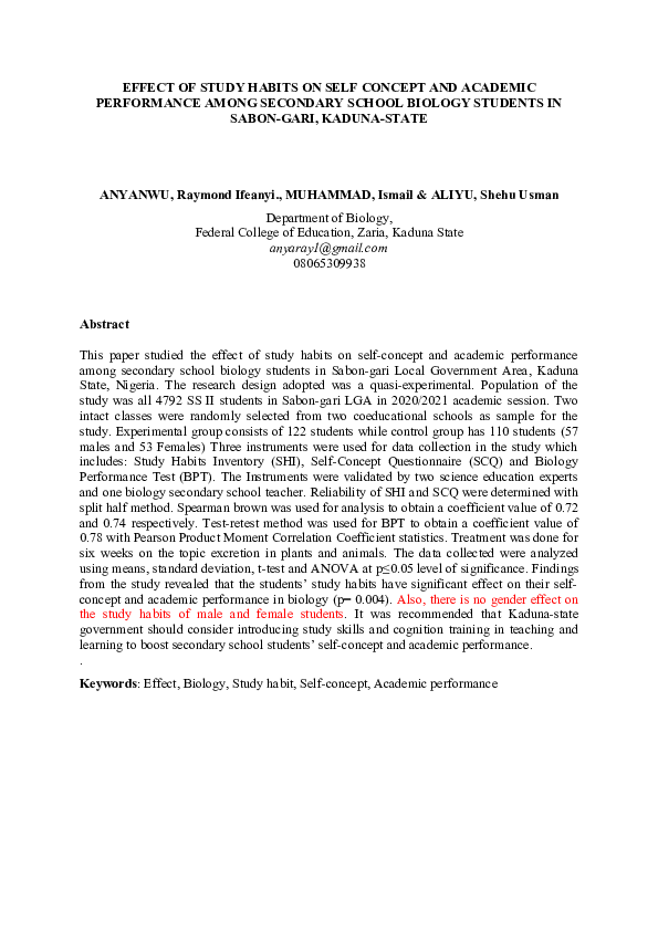 (DOC) EFFECT OF STUDY HABITS ON SELF CONCEPT AND ACADEMIC PERFORMANCE ...