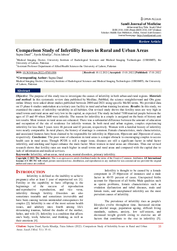 (PDF) Comparison Study of Infertility Issues in Rural and Urban Areas