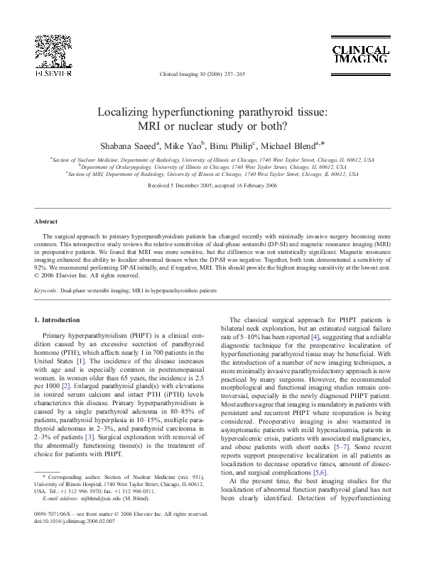 (PDF) Localizing hyperfunctioning parathyroid tissue: MRI or nuclear ...