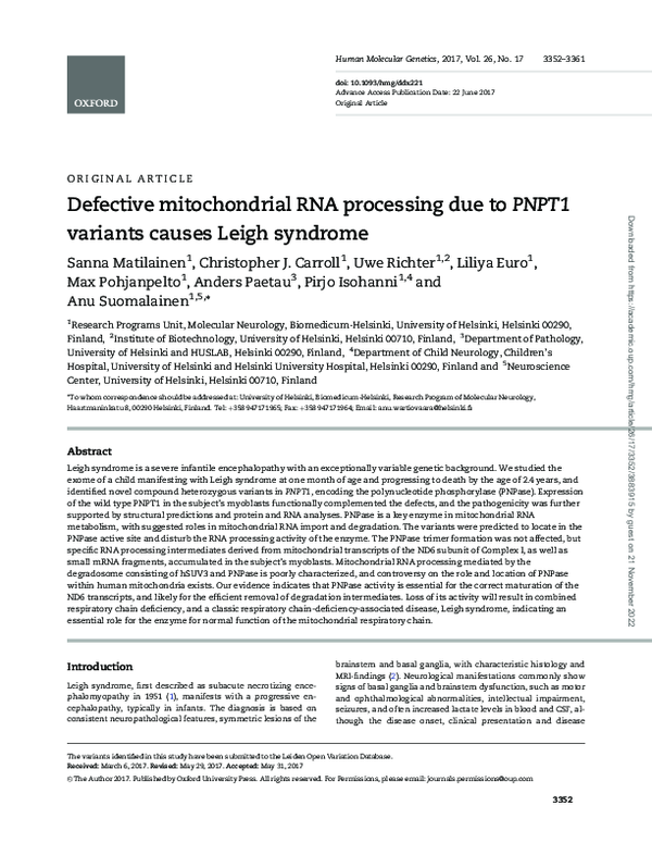 (PDF) Defective mitochondrial RNA processing due to PNPT1 variants ...