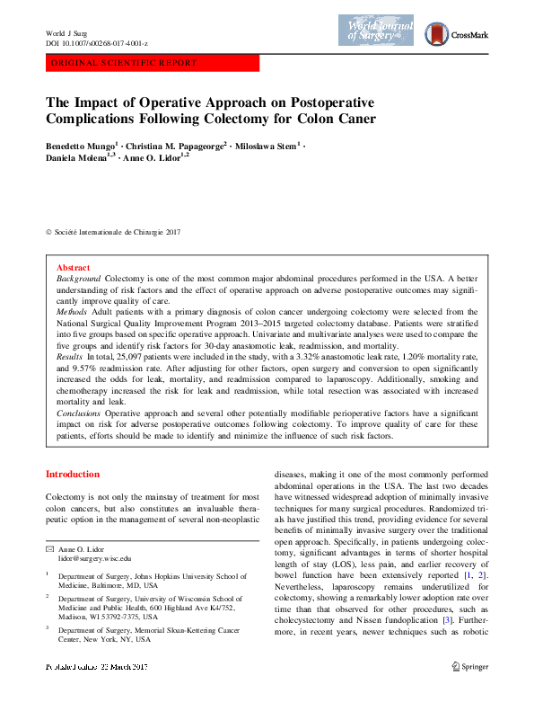 (PDF) The Impact of Operative Approach on Postoperative Complications ...