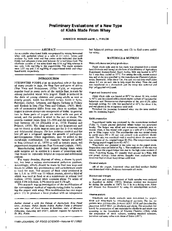 (PDF) Preliminary Evaluations of a New Type of Kishk Made From Whey