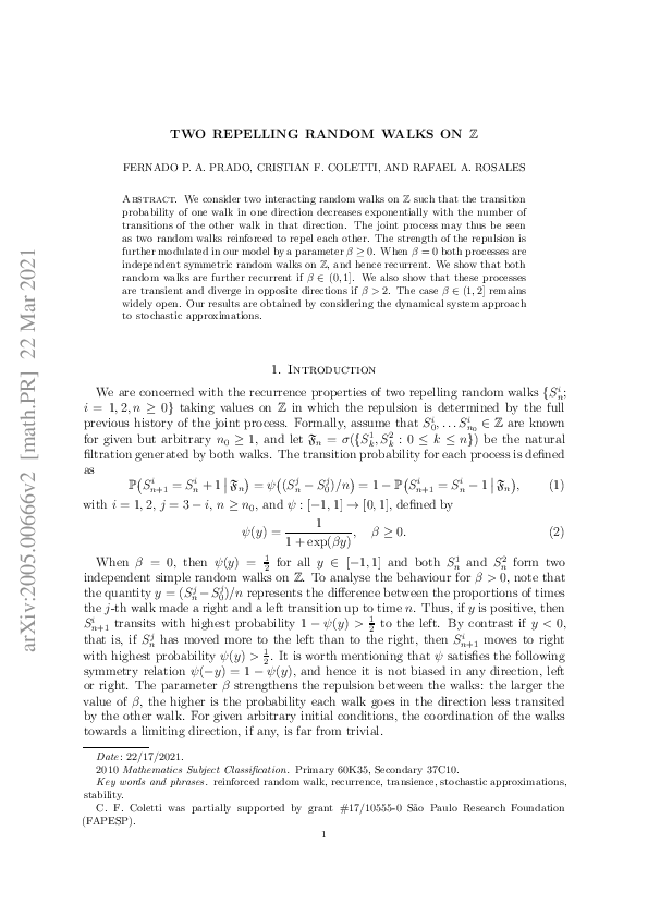 (PDF) Two repelling random walks on $\mathbb Z$