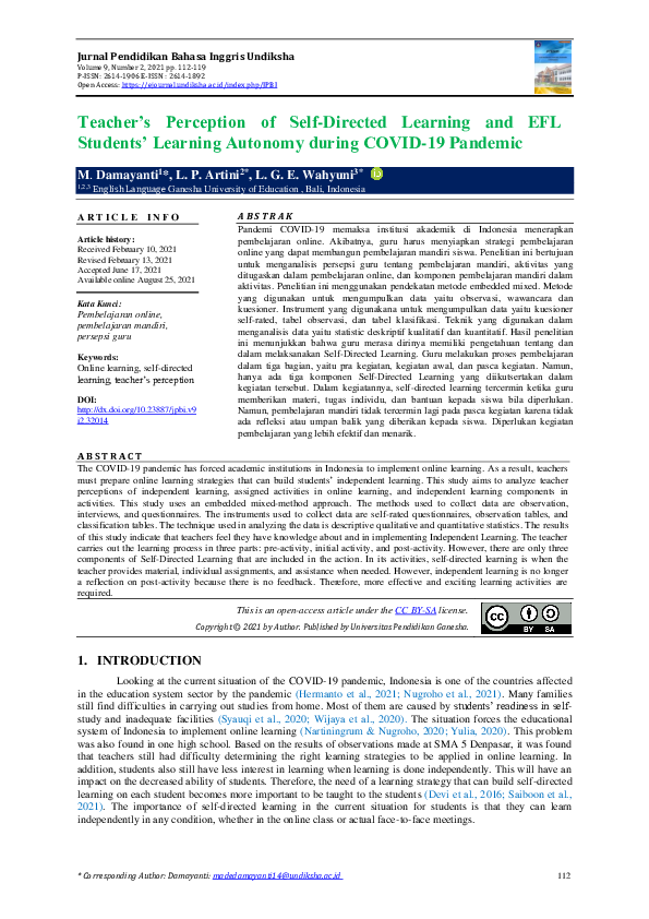 (PDF) Teacher’s Perception of Self-Directed Learning and EFL Students ...