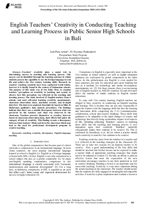 (PDF) English Teachers’ Creativity in Conducting Teaching and Learning ...