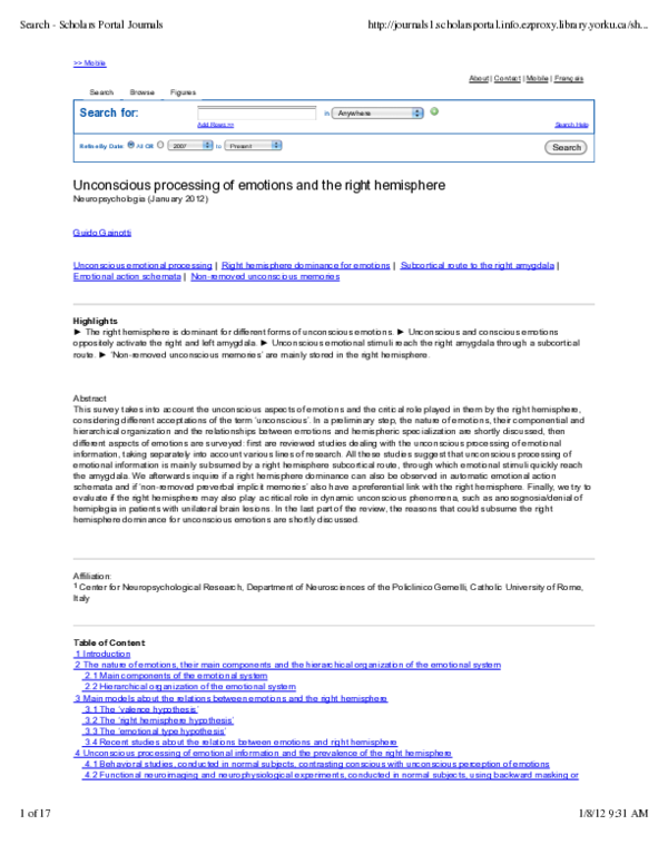 (PDF) Unconscious processing of emotions and the right hemisphere