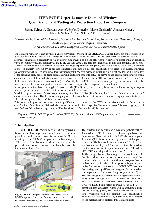 (PDF) ITER ECRH Upper Launcher diamond window – Qualification and ...