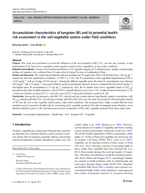 (PDF) Accumulation characteristics of tungsten (W) and its potential