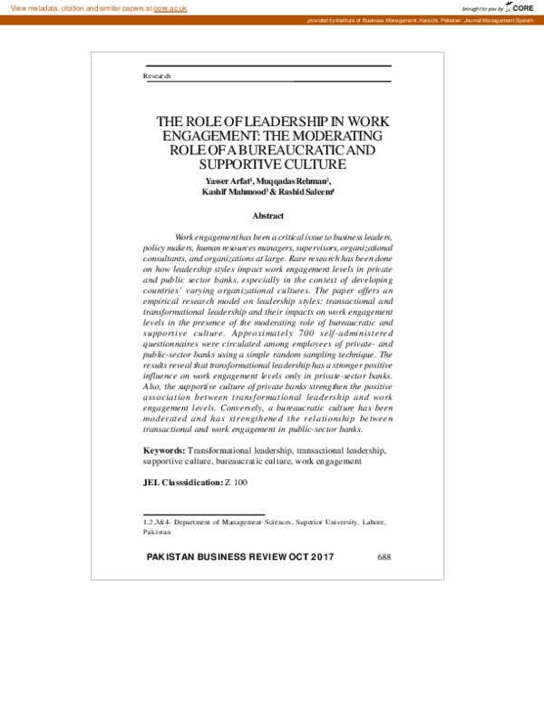 (PDF) The Role of Leadership in Work Engagement: The Moderating Role of ...