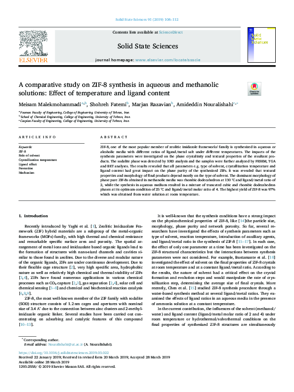(PDF) A comparative study on ZIF-8 synthesis in aqueous and methanolic ...