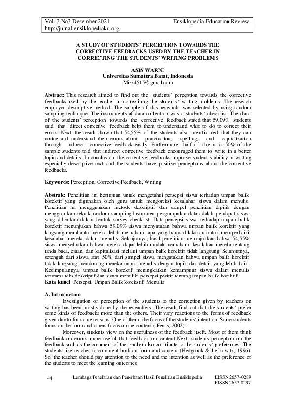 (PDF) A Study of Students’ Perception Towards the Corrective Feedbacks ...