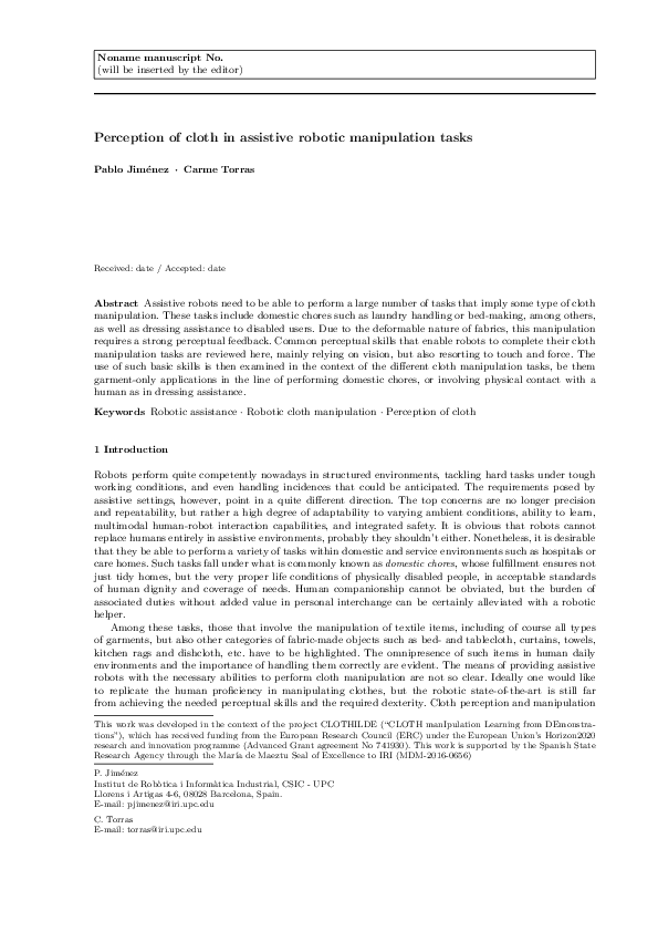 (PDF) Perception of cloth in assistive robotic manipulation tasks ...