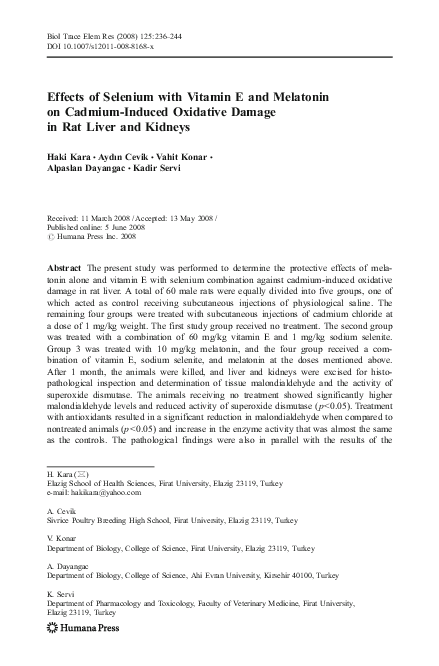 (PDF) Effects of Selenium with Vitamin E and Melatonin on Cadmium ...