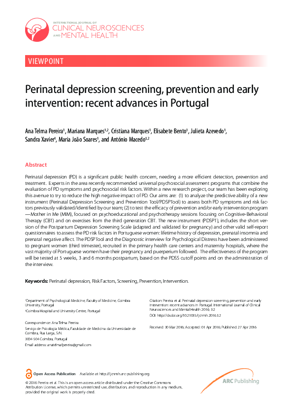 (PDF) Perinatal depression screening, prevention and early intervention ...