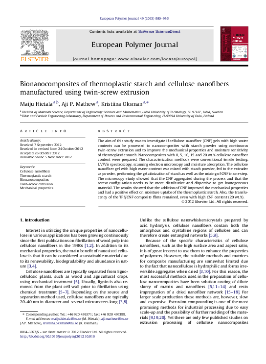 (PDF) Bionanocomposites of thermoplastic starch and cellulose ...