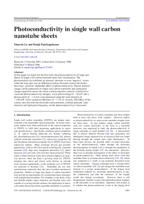(PDF) Photoconductivity in single wall carbon nanotube sheets