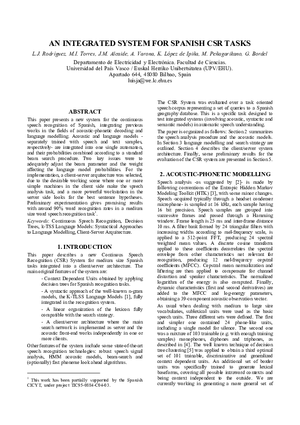 (PDF) An integrated system for Spanish CSR tasks