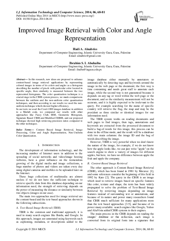 (PDF) Improved Image Retrieval with Color and Angle Representation