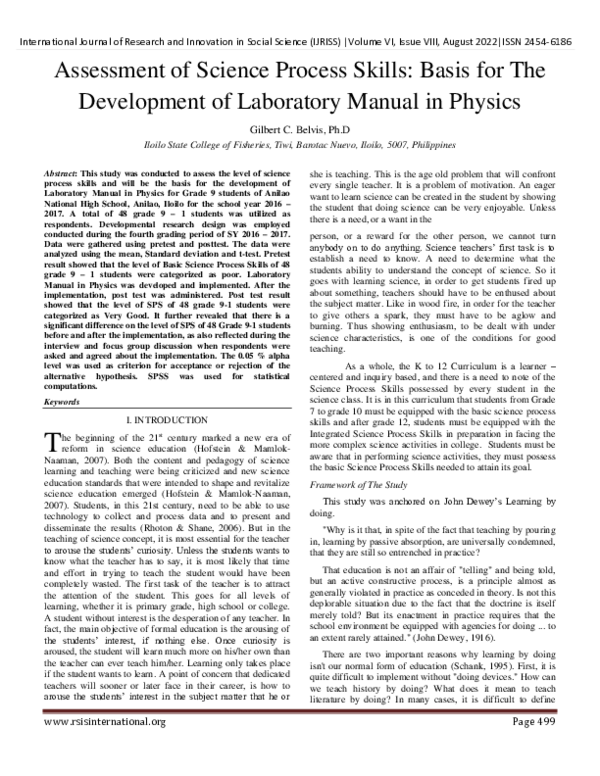(PDF) Assessment of Science Process Skills: Basis for The Development ...