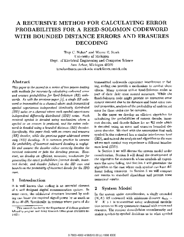 (PDF) A recursive method for calculating error probabilities for a Reed ...