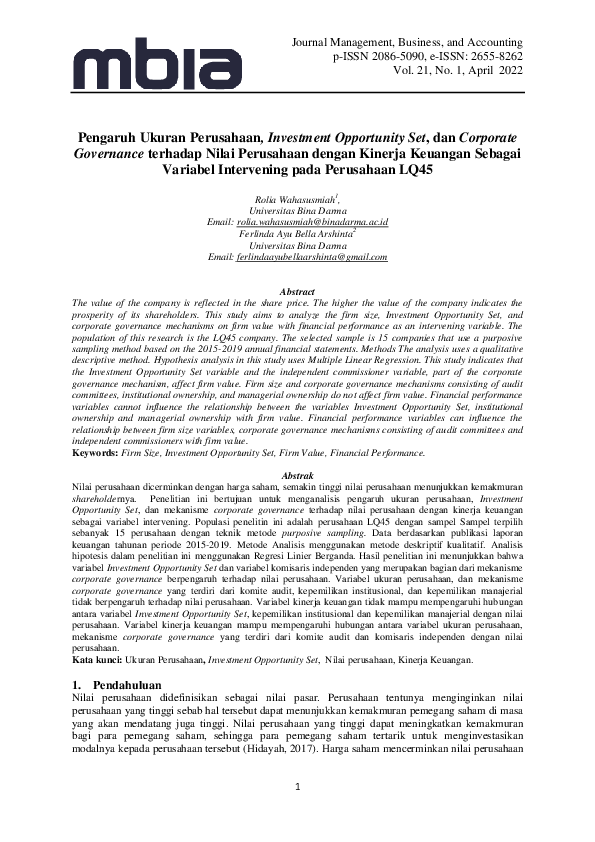 (PDF) Pengaruh Ukuran Perusahaan, Investment Opportunity Set, dan