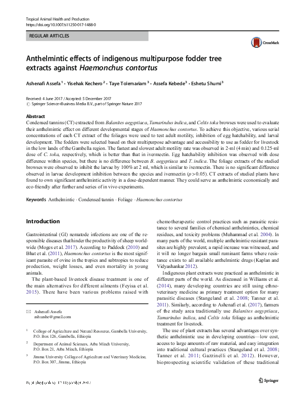 (PDF) Anthelmintic effects of indigenous multipurpose fodder tree ...