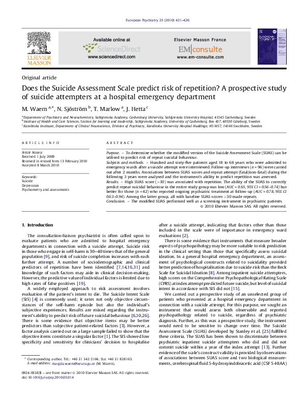 (PDF) Does The Suicide Assessment Scale Predict Risk Of Repetition? A ...