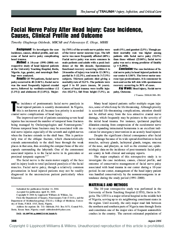 (PDF) Facial Nerve Palsy After Head Injury: Case Incidence, Causes ...