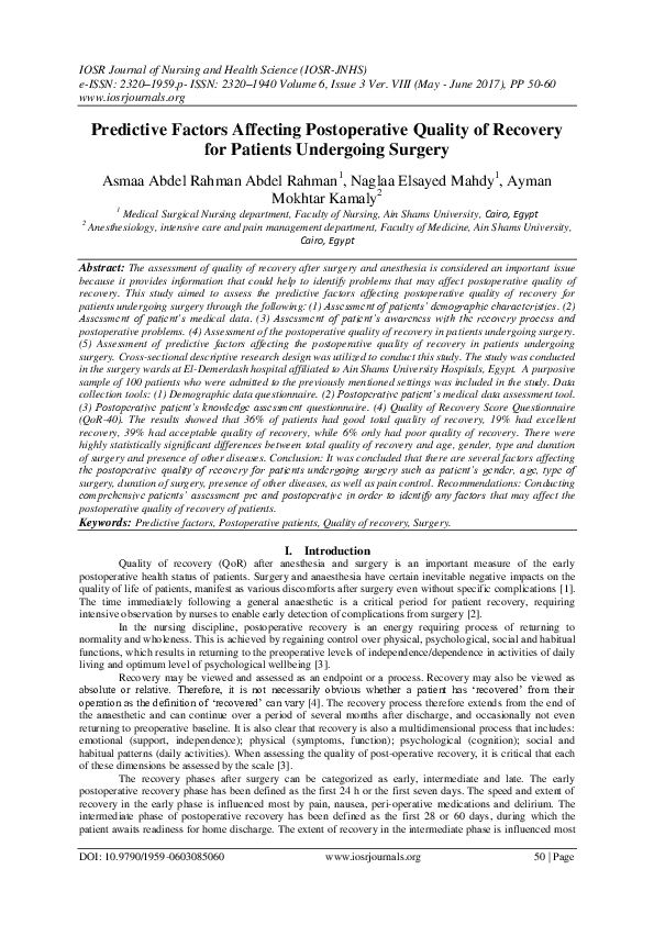 (PDF) Predictive Factors Affecting Postoperative Quality of Recovery ...