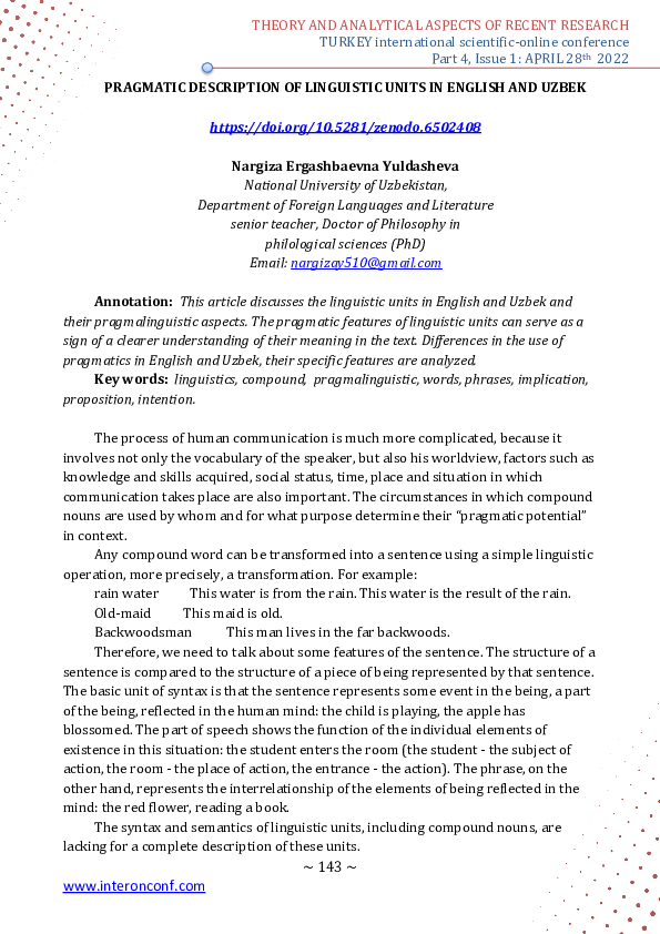 (PDF) Pragmatic Description of Linguistic Units in English and Uzbek