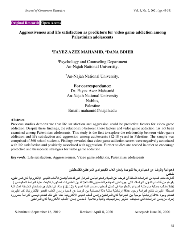 (PDF) Aggressiveness and life satisfaction as predictors for video game