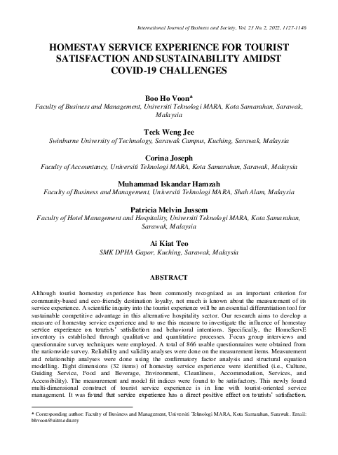 (PDF) Homestay Service Experience for Tourist Satisfaction and ...