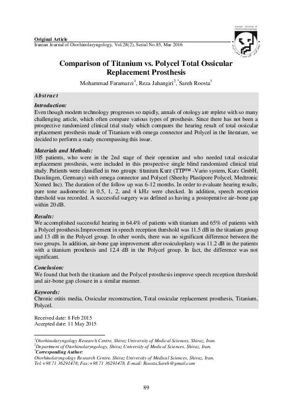 (PDF) Comparison of Titanium vs. Polycel Total Ossicular Replacement ...