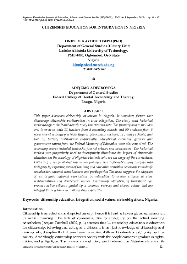 (PDF) Citizenship Education for Integration in Nigeria