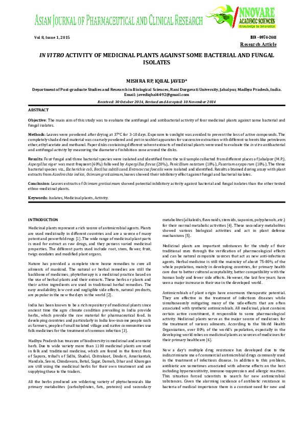 (PDF) In Vitro Activity of Medicinal Plants Against Some Bacterial and ...