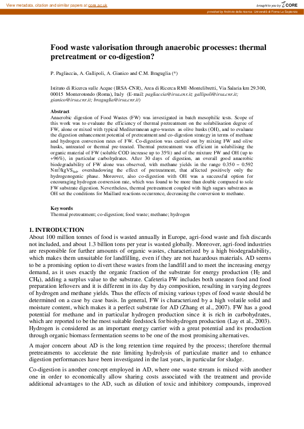 (PDF) Food waste valorisation through anaerobic processes: thermal ...