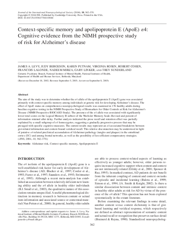 (PDF) Context-specific memory and apolipoprotein E (ApoE) [varepsilon]4 ...