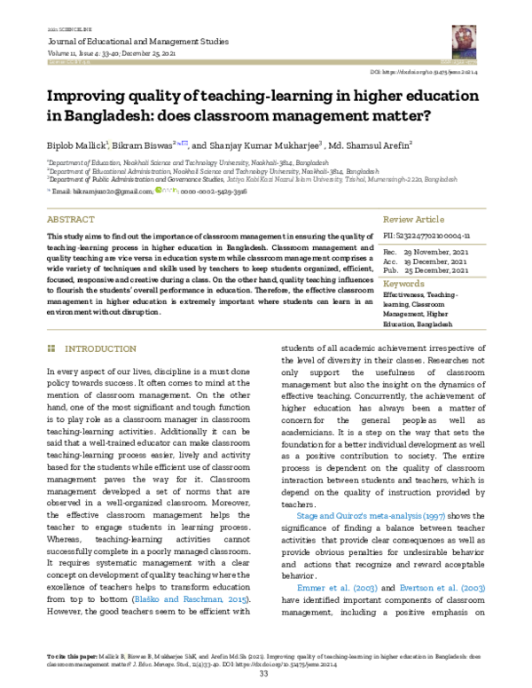 (PDF) Improving quality of teaching-learning in higher education in ...