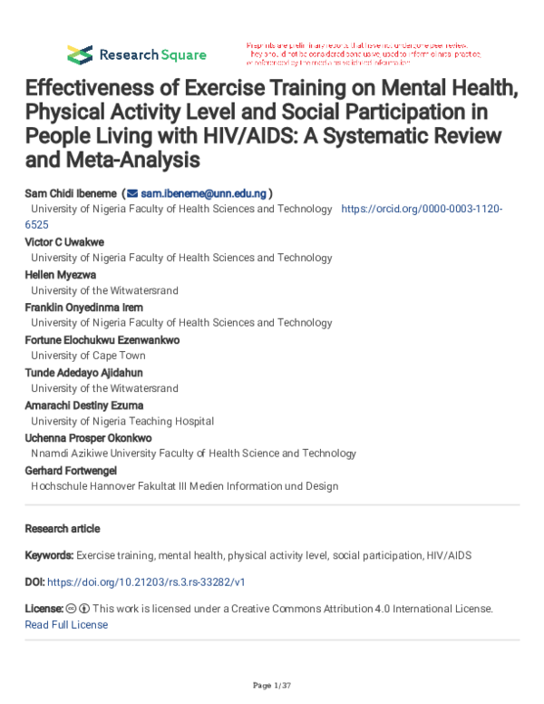 (PDF) Effectiveness of Exercise Training on Mental Health, Physical ...