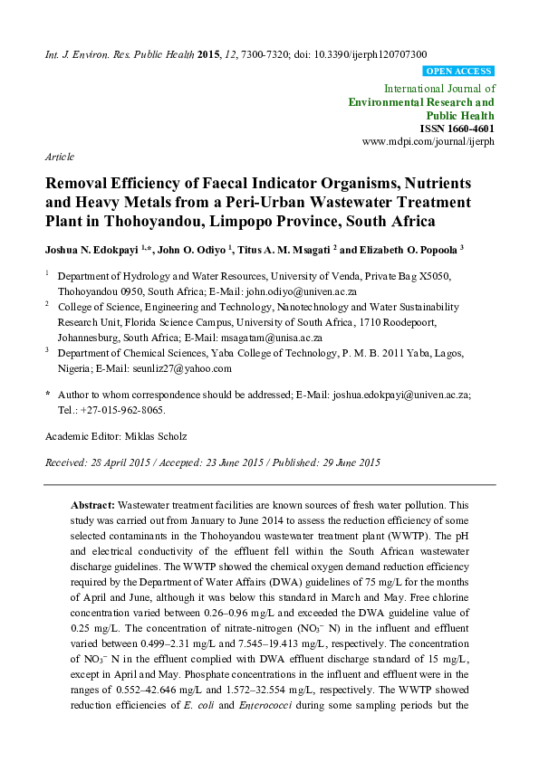 (PDF) Removal Efficiency of Faecal Indicator Organisms, Nutrients and ...
