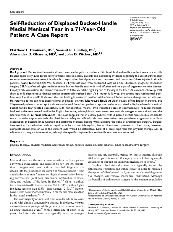 (PDF) SelfReduction of Displaced BucketHandle Medial Meniscal Tear in
