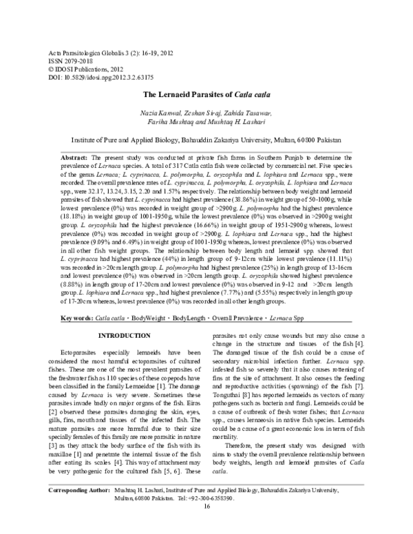 (PDF) The Lernaeid Parasites of Catla catla