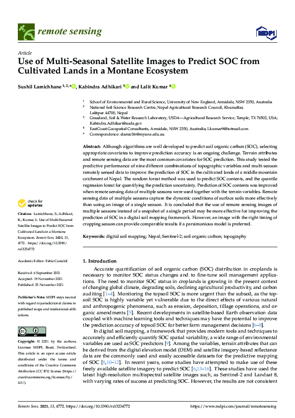 (PDF) Use of Multi-Seasonal Satellite Images to Predict SOC from ...