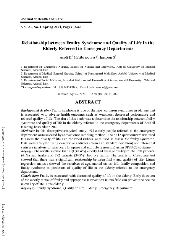 (PDF) Relationship between Frailty Syndrome and Quality of Life in the ...