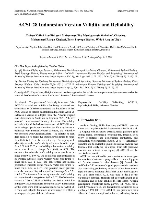 (PDF) ACSI-28 Indonesian Version Validity and Reliability