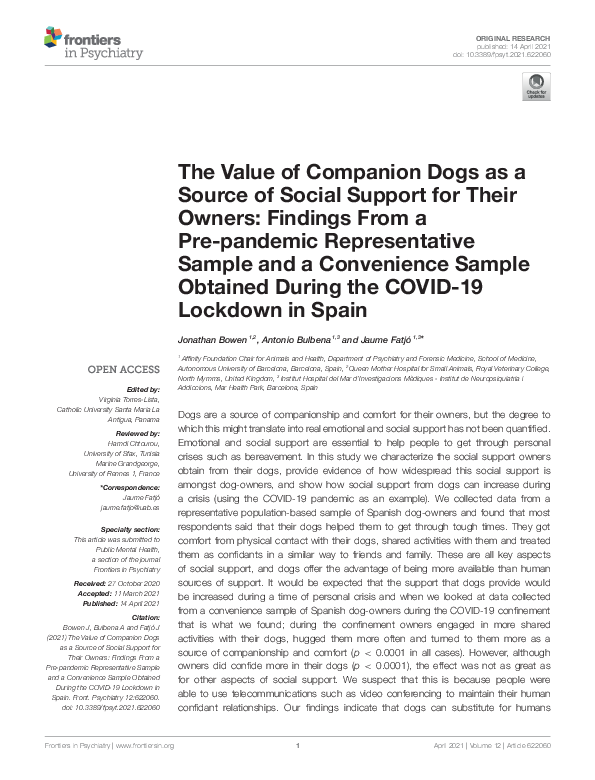 (PDF) The Value of Companion Dogs as a Source of Social Support for ...