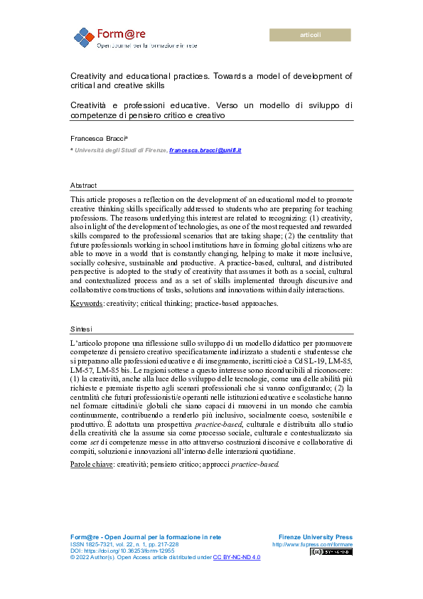 (PDF) Creativity and educational practices. Towards a model of ...