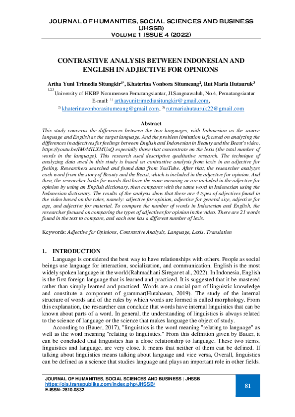 (PDF) Contrastive Analysis Between Indonesian and English in Adjective ...