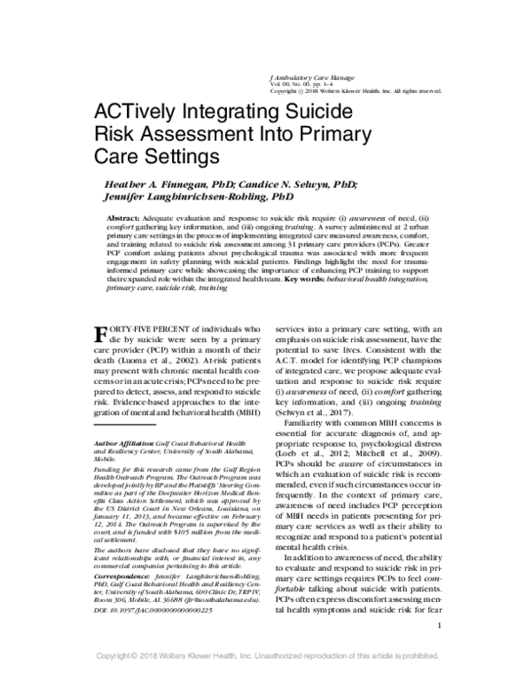 (PDF) ACTively Integrating Suicide Risk Assessment Into Primary Care ...